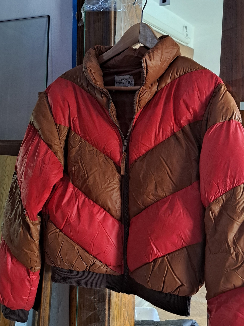 Urban Outfitters Red & Brown Chevron Puffer Jacket